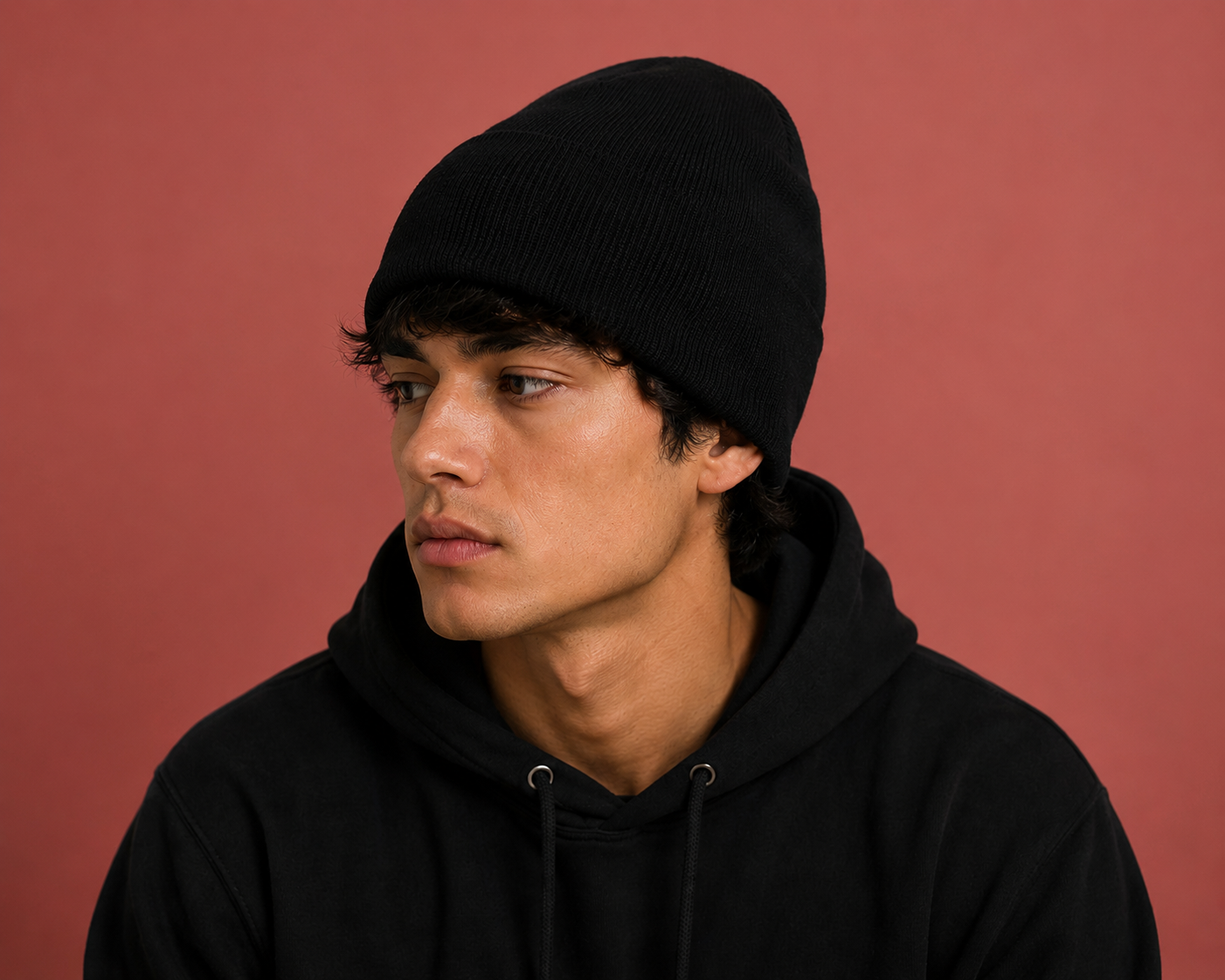 Model wearing a black Skyland cuffed knit beanie