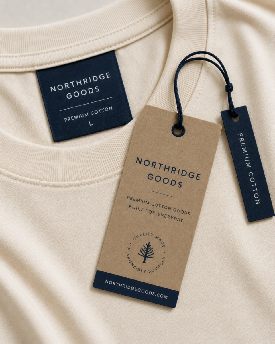 Northridge Goods printed hang tag and neck label detail