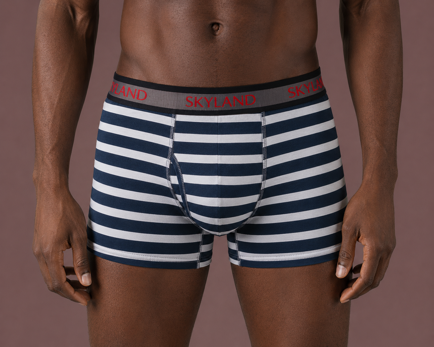 Model wearing Skyland blue and white striped boxer briefs, front view
