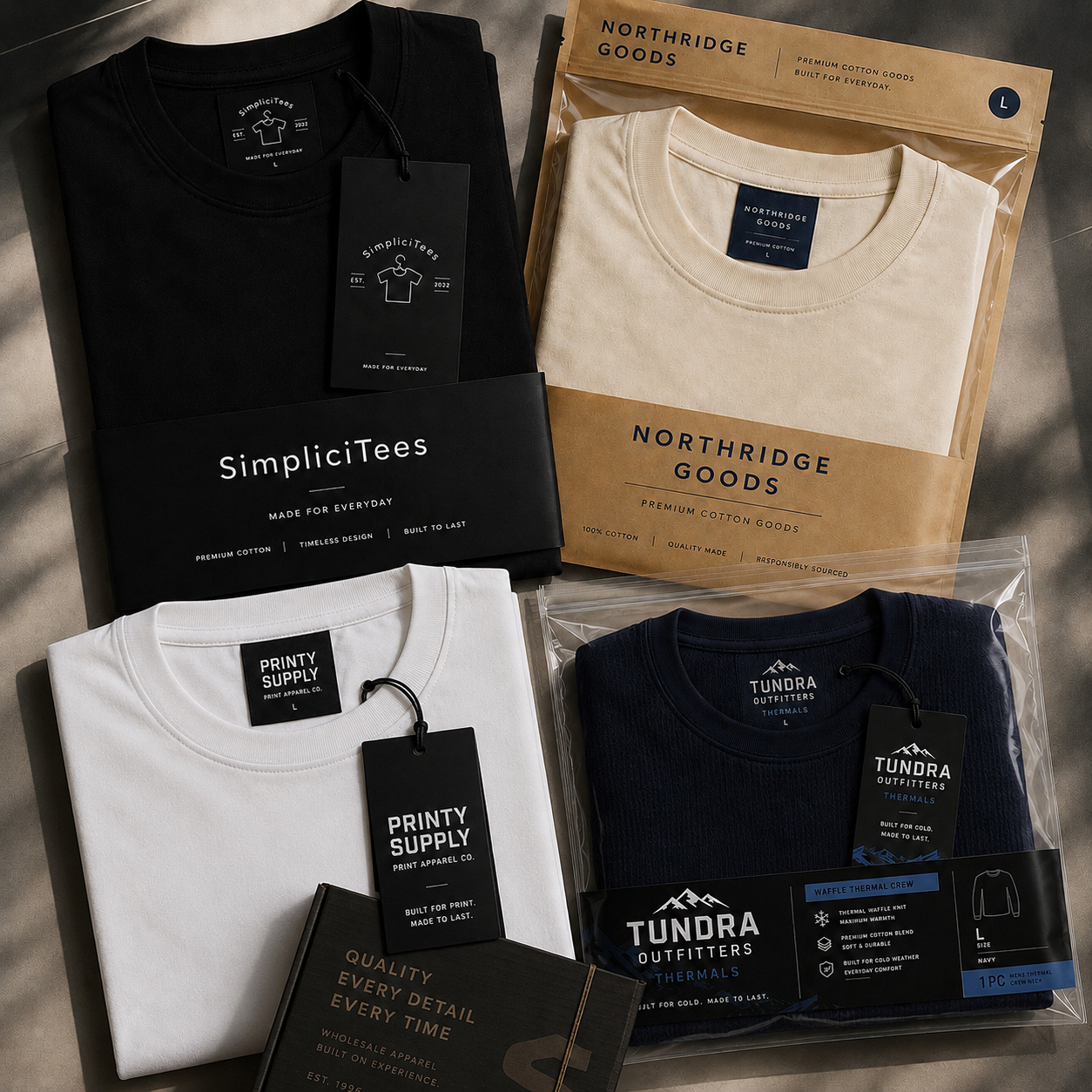 Skyland private label examples — SimpliciTees, Northridge Goods, Printy Supply, and Tundra Outfitters branded apparel and packaging