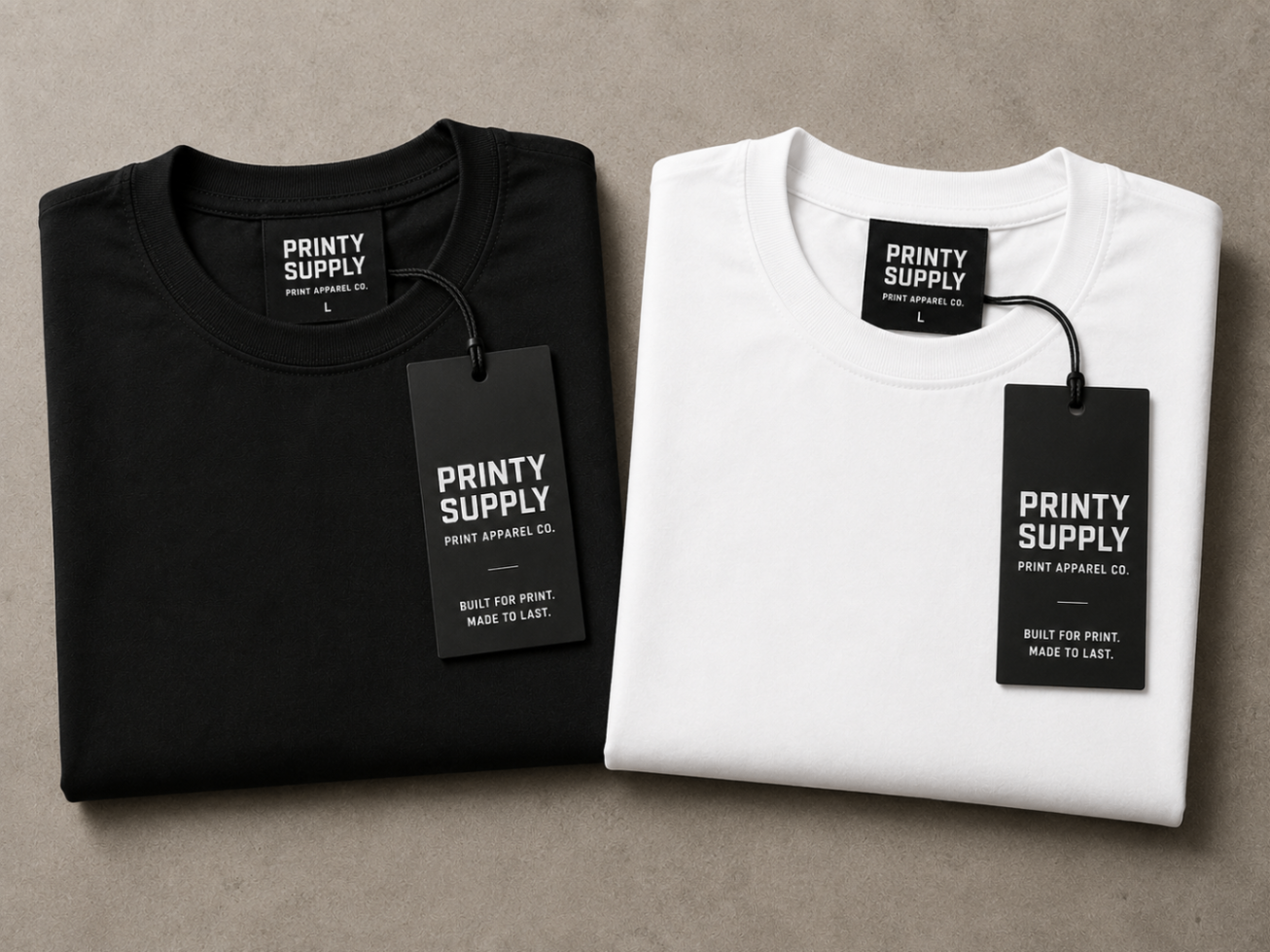 Printy Supply black and white private label tees with branded hang tags