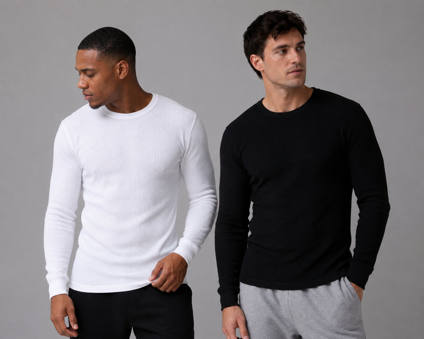 Two models wearing Skyland waffle-knit thermal tops in white and black