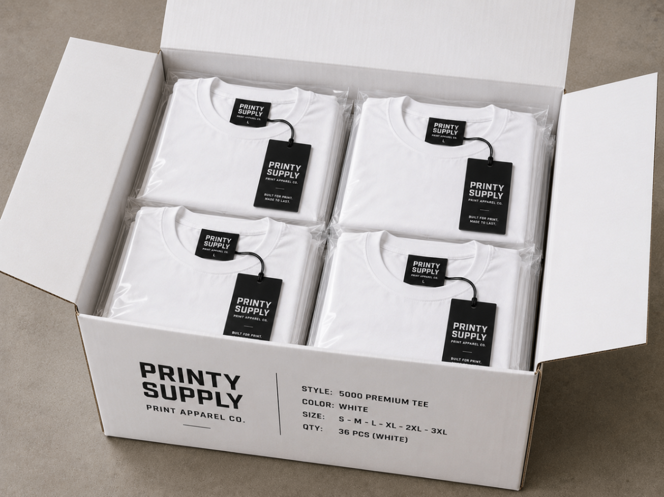 Printy Supply custom-printed wholesale master carton with polybagged inventory