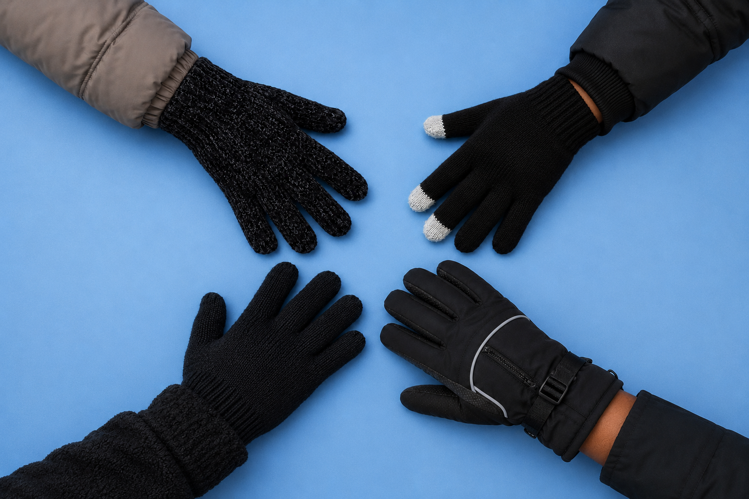 Four models wearing Skyland winter gloves in Chenille, Touchscreen Tip, Extreme Thermal and Insulated Ski styles