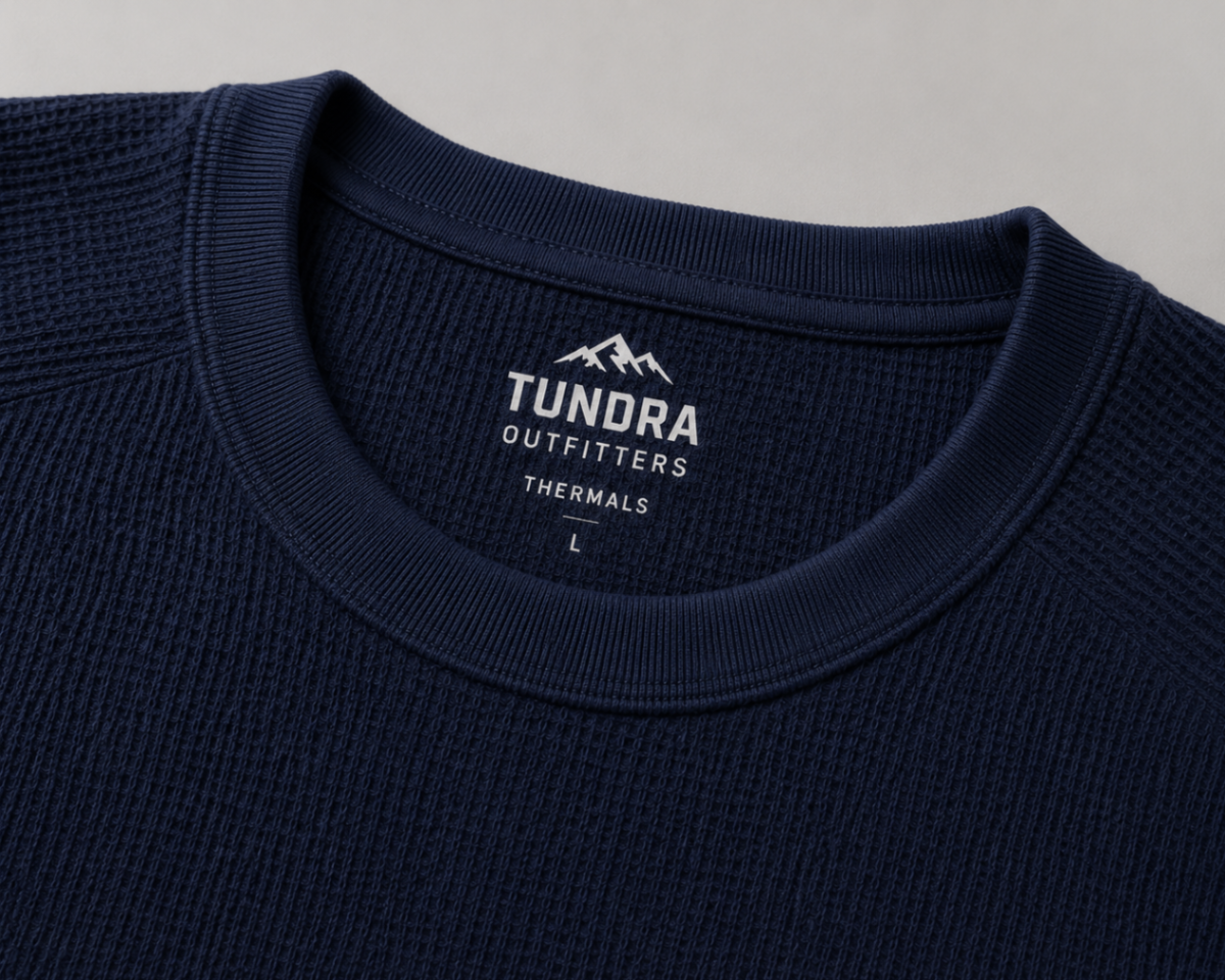 Tundra Outfitters printed neck label detail on navy waffle thermal