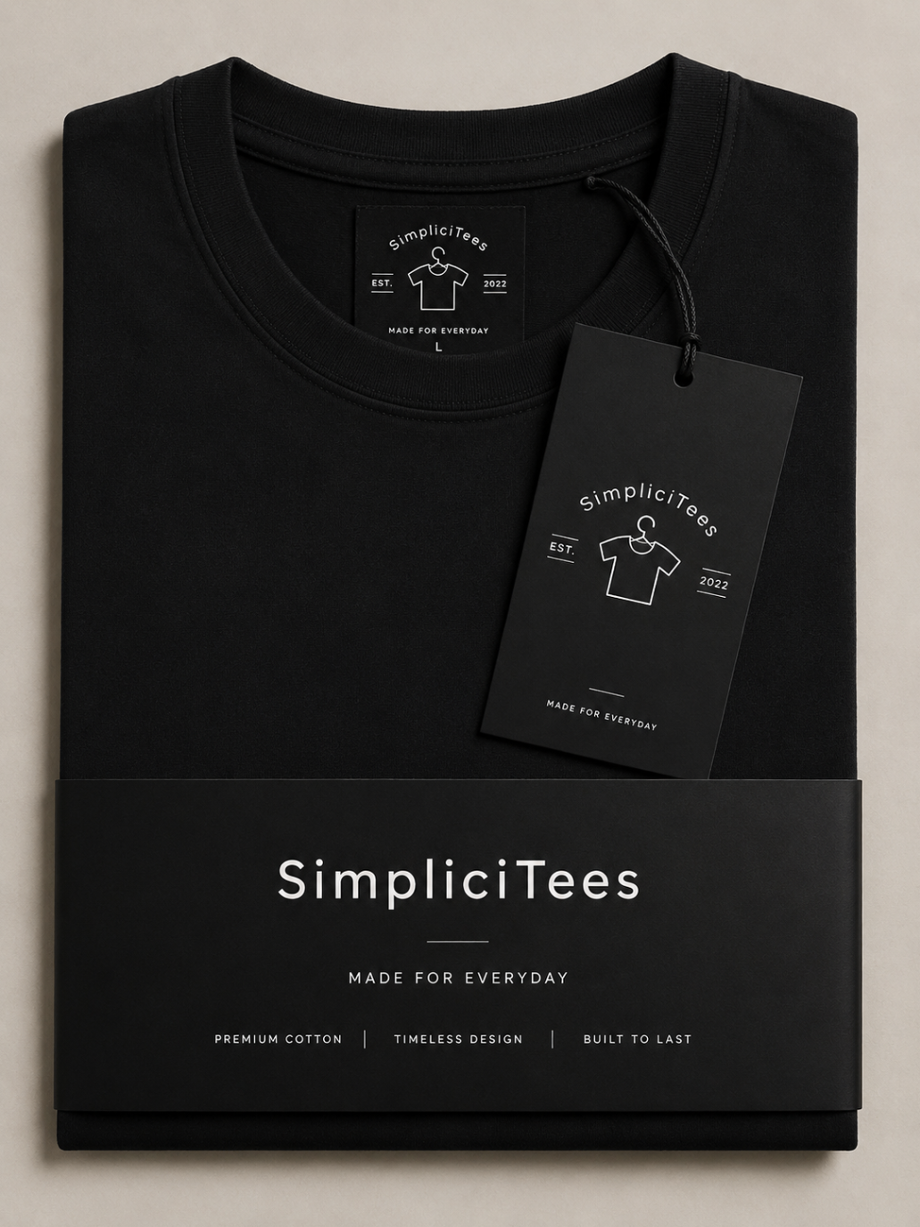 SimpliciTees folded black tee inside branded sleeve packaging — flat lay