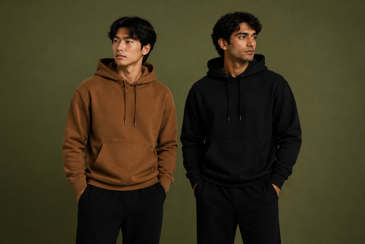 Two models wearing Skyland heavyweight pullover hoodies in brown and black against an olive backdrop