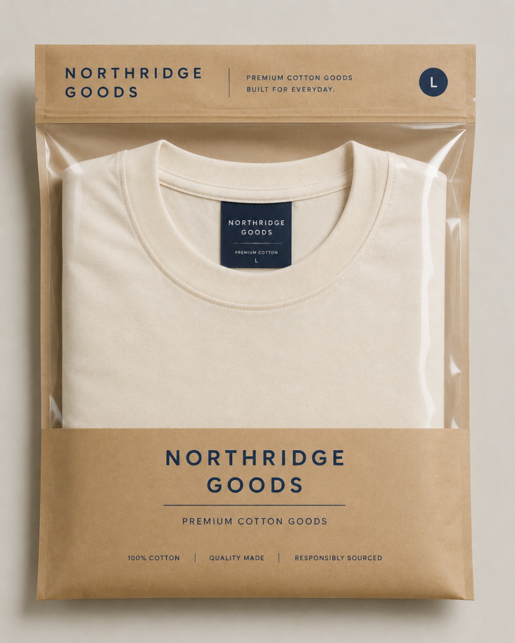 Northridge Goods branded kraft packaging sleeve wrapped around a folded cream tee