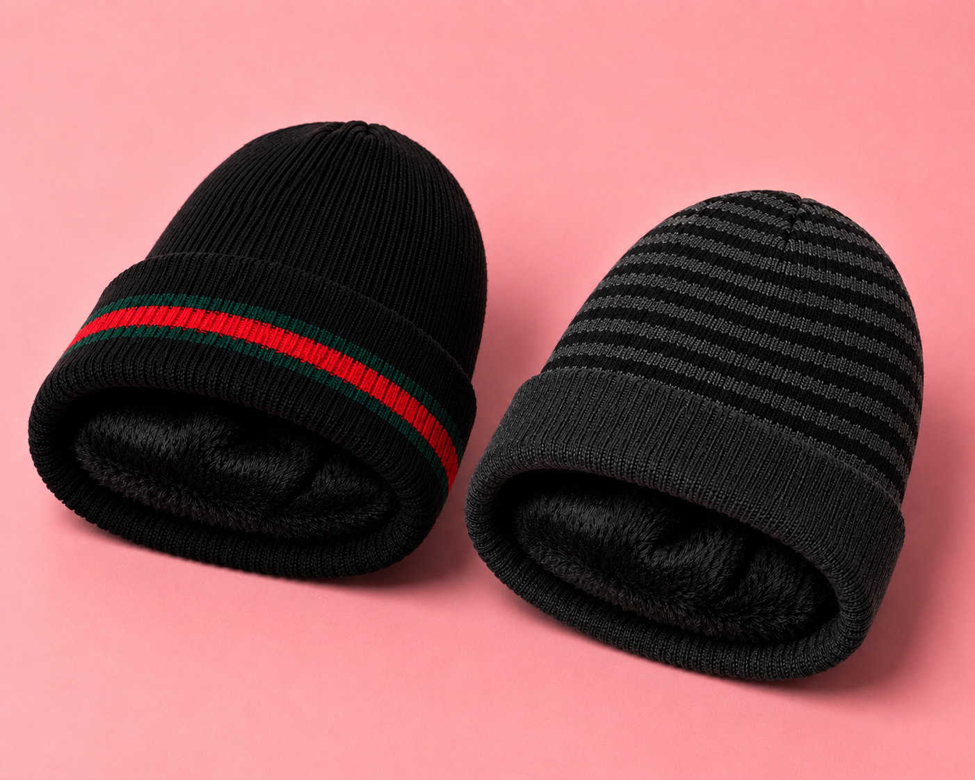 Skyland Ribbed Fur Lined and Striped Fur Lined beanies displayed together