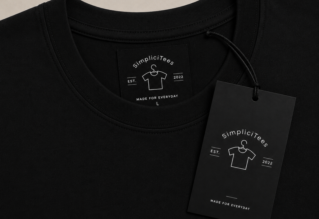 SimpliciTees custom printed neck label detail on a black tee